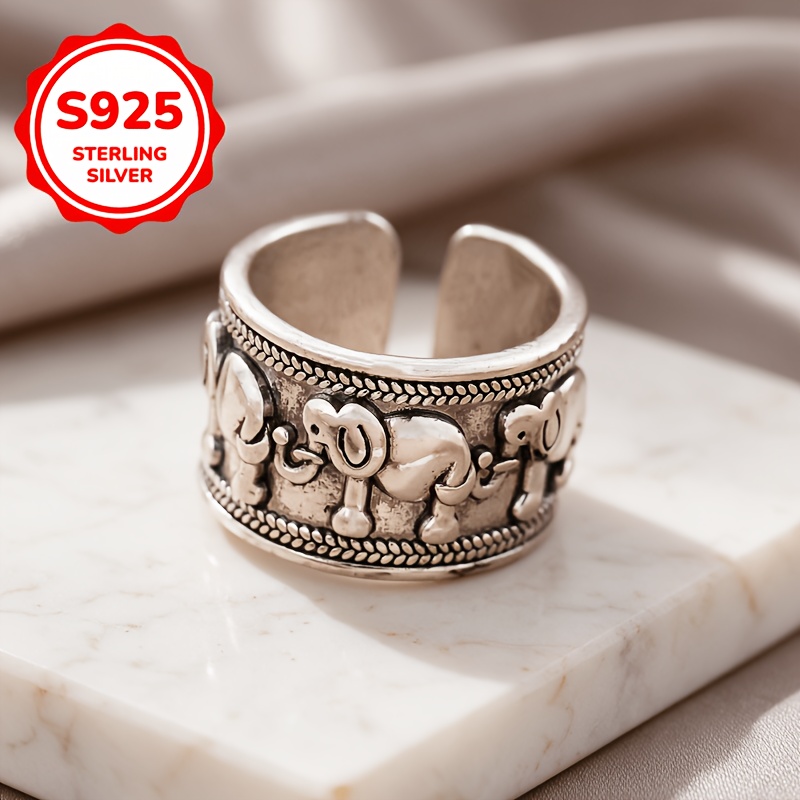 Women's 925 Silver Distressed Elephant Ring, Adjustable Design